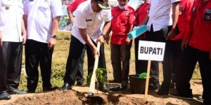 Bupati Kabupaten Banyuasin, Askolani, melakukan penanaman bibit tanaman buah-buahan bantuan dari Pemuda Batak Bersatu (PBB) Banyuasin, di Halaman Rumah Susun Pemerintah Kabupaten (Pemkab) Banyuasin, hari Rabu tanggal 14 April 2021.