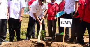 Bupati Kabupaten Banyuasin, Askolani, melakukan penanaman bibit tanaman buah-buahan bantuan dari Pemuda Batak Bersatu (PBB) Banyuasin, di Halaman Rumah Susun Pemerintah Kabupaten (Pemkab) Banyuasin, hari Rabu tanggal 14 April 2021.