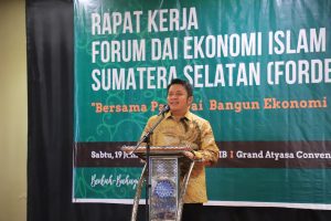 H. Herman Deru saat sambutan pada  pelantikan pengurus  Forum Da’i Ekonomi Islam Sumsel (Fordeiss), bertempat di Grand Atyasa Convention Center, Sabtu (19/6) siang