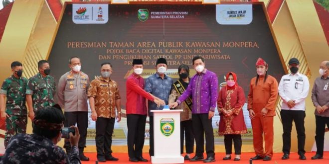 Gubernur Sumsel H. Herman Deru Resmikan Taman Area Publik Kawasan Monpera, Pojok Baca Digital Kawasan Monpera dan Pengukuhan Sat Pol Pp Unit Pariwisata Prov. Sumsel. (Foto : Humas Prov. Sumsel)