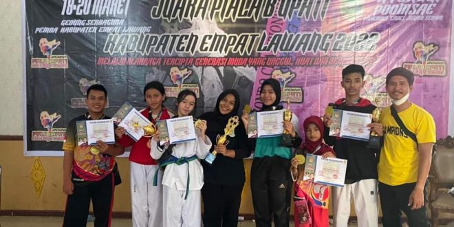 Atlet Taekwondo Kabupaten Banyuasin berhasil mendapatkan 6 Medali Emas dan 1 Medali Perungg pada Bupati Empat Lawang Cup yang digelar tanggal 18-20 Maret 2022. (foto : SMSI Sumsel)