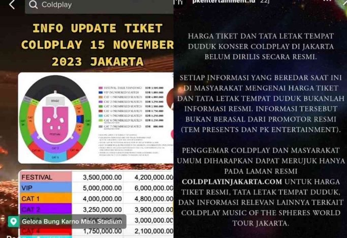 Info Update Tiket Coldplay dan Harga Tata Letak Tempat Duduk Konser di Jakarta 15 November 2023 (Tangkapan Layar Tiktok @urfavoritesboyy dan IG PKEntertainment.id)