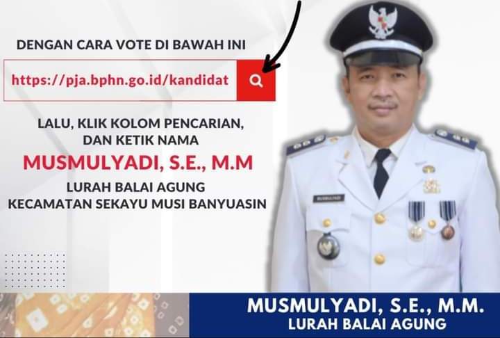 Pj Bupati Muba H Apriyadi mengajak seluruh masyarakat Kabupaten Muba untuk mendukung Lurah Balai Agung Kecamatan Sekayu Musmulyadi, SE MM Kecamatan Sekayu di penganugrahan penghargaan bagi Kepala Desa/Lurah Se-Indonesia Dalam Bidang Hukum dan Ham.