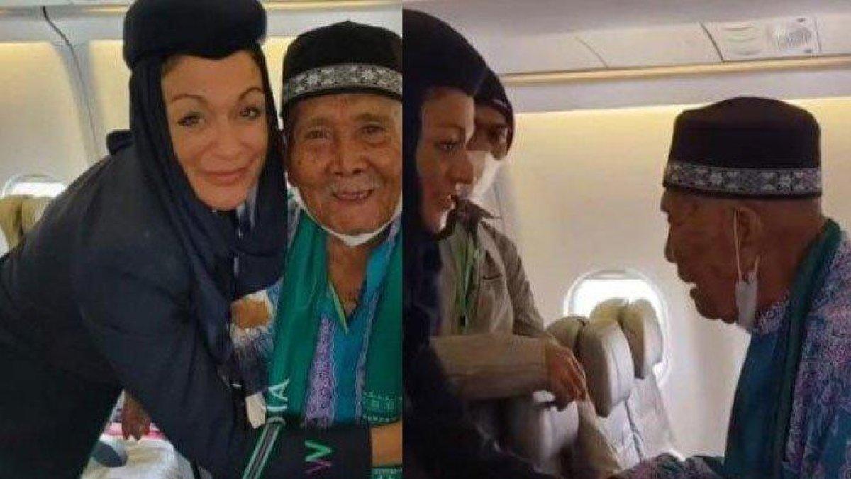 Abah Juhani, Jama'ah Calon Haji dari Kabupaten Majalengka, foto bersama Pramugari Pesawat saat tibah di Madinah. (foto : tribunnews.com)