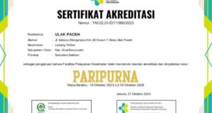 Unit Pelaksana Teknis (UPT) Puskesmas Ulak Paceh mendapatkan Akreditasi Tingkat Paripurna dari Kementerian Kesehatan Republik Indonesia. (foto : Humas Pemkab Muba)