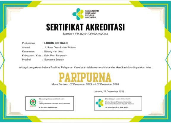 UPT Puskesmas Lubuk Bintialo yang berlokasi di Kecamatan Batang Hari Leko mendapatkan Akreditasi Tingkat Paripurna dari Kementerian Kesehatan (Kemenkes) Republik Indonesia