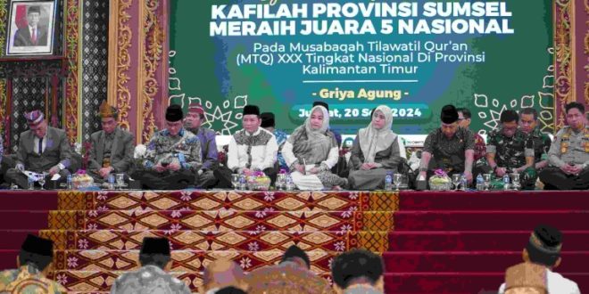 Syukuran Keberhasilan Kafilah Provinsi Sumsel Meraih Juara 5 Nasional bertempat di Griya Agung Palembang, Jumat (20/9/2024).