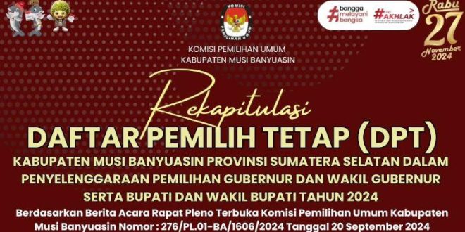 Rekapitulasi Daftar Pemilih Tetap Kabupaten Musi Banyuasin pada Pemilihan Gubernur Sumatera Selatan dan Pemilihan Bupati Kabupaten Muba tanggal 27 November 2024.