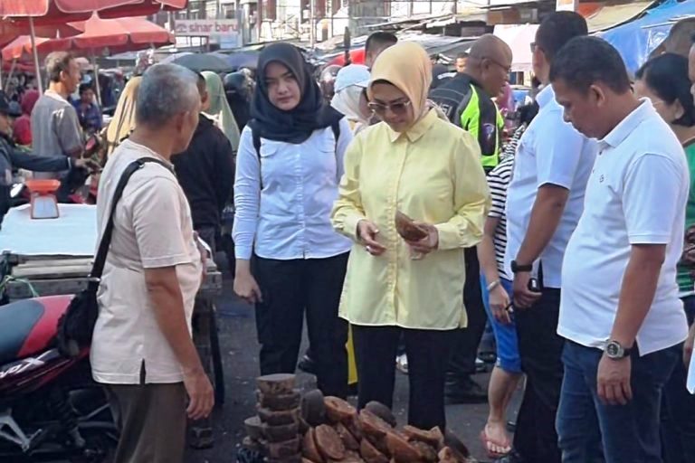 Calon Wakil Gubernur Provinsi Sumatera Selatan, R.A. Anita Noeringhati, berdialog dengan pedangan di Pasar Inpres Kota Lubuklinggau, hari Rabu tanggal 9 Oktober 2024. (foto : SMSI Sumsel)