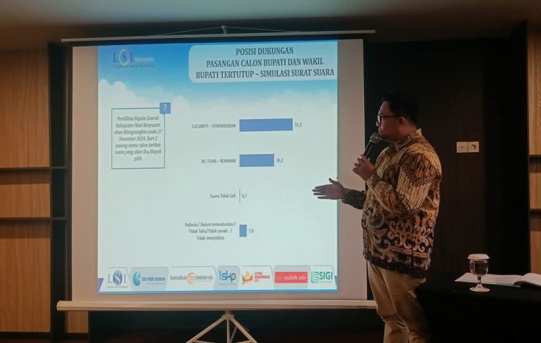 Rully Akbar, Senior Researcher LSI Denny JA, merilis hasil survei Pemilihan Bupati Kabupaten Musi Banyuasin tahun 2024, hari Sabtu siang, tanggal 23 November 2024 di Hotel Aston Palembang.