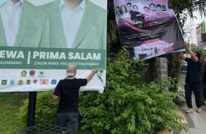 Alat Peraga Kampanye (APK) Pemilihan Kepala Daerah (Pilkada) 2024 yang masih tersisa di berbagai lokasi yang ada di wilayah hukum Pemerintah Kota (Pemkot) Palembang hari ini kembali ditertibkan, Jumat (13/12/2024) pagi.