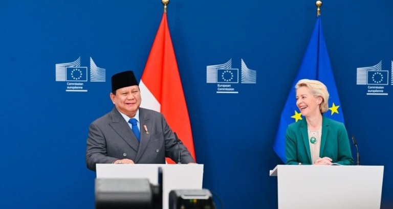 Presiden Republik Indonesia, Prabowo Subianto, bertemu dengan Presiden Komisi Eropa, Ursula von der Leyen, di kantor pusat Uni Eropa, Berlaymont Building, Brussel, Belgia, pada Minggu, 13 Juli 2025.