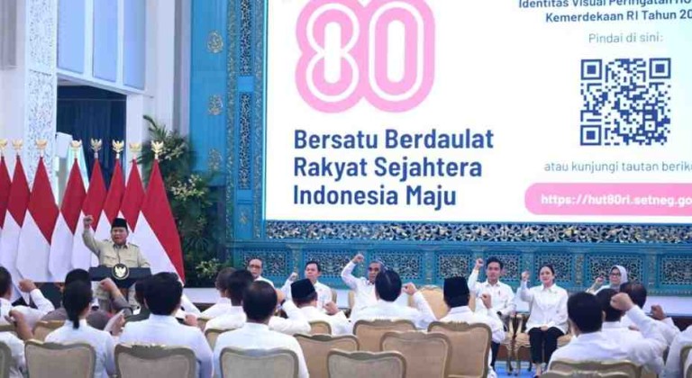 Presiden Republik Indonesia, Prabowo Subianto secara resmi meluncurkan logo dan tema Hari Ulang Tahun (HUT) ke-80 Kemerdekaan Republik Indonesia yang digelar di Istana Negara, Jakarta, pada Rabu, 23 Juli 2025. Foto: BPMI Setpres/Kris
