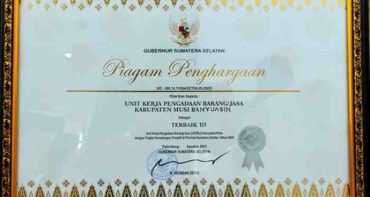 Kabupaten Musi Banyuasin (Muba) kembali menorehkan prestasi di tingkat Provinsi Sumatera Selatan dengan meraih Penghargaan Indeks Tata Kelola Pengadaan (ITKP) Tahun 2024.