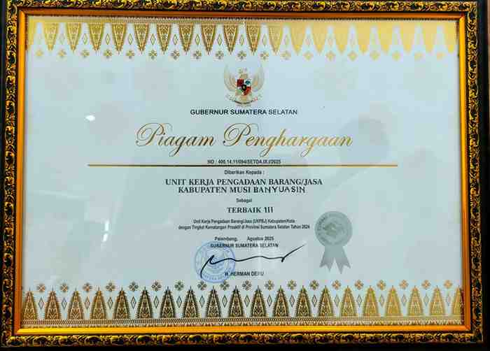 Kabupaten Musi Banyuasin (Muba) kembali menorehkan prestasi di tingkat Provinsi Sumatera Selatan dengan meraih Penghargaan Indeks Tata Kelola Pengadaan (ITKP) Tahun 2024.