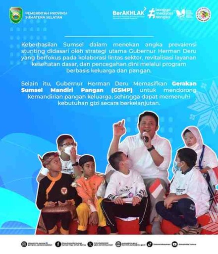 Provinsi Sumatera Selatan (Sumsel) kembali mencatat prestasi gemilang di kancah nasional. Provinsi Sumsel berhasil meraih Tanda Penghargaan dari Presiden Republik Indonesia atas pencapaian luar biasa sebagai Terbaik II Tingkat Nasional dalam Penurunan Prevalensi Stunting.