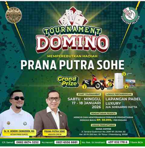 Turnamen Domino akbat akan digelar di Kota Palembang pada Sabtu hingga Minggu, 17–18 Januari 2026.