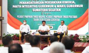 Rapat Koordinasi sekaligus penandatanganan Perjanjian Kinerja dan Pakta Integritas Pemerintah Provinsi Sumatera Selatan, bertempat di Griya Agung, Rabu (21/1/2026).