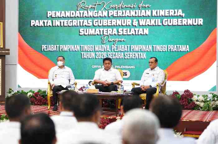 Rapat Koordinasi sekaligus penandatanganan Perjanjian Kinerja dan Pakta Integritas Pemerintah Provinsi Sumatera Selatan, bertempat di Griya Agung, Rabu (21/1/2026).