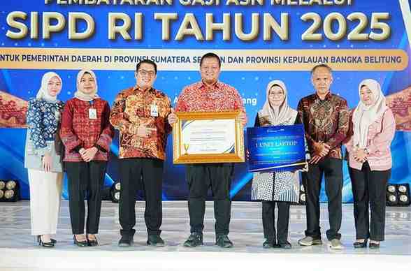 Acara Apresiasi Implementasi Pembayaran Gaji ASN melalui Sistem Informasi Pemerintah Daerah (SIPD) RI Tahun 2025 untuk pemerintah daerah Provinsi Sumatera Selatan dan Provinsi Kepulauan Bangka Belitung digelar di Ballroom Hotel Aryaduta Palembang, Kamis (29/01/2026).