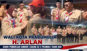Wali Kota Prabumulih, Arlan, menghadiri sekaligus membuka secara resmi kegiatan Jambore Cabang ke-3 Kwartir Cabang Gerakan Pramuka Indonesia Kota Prabumulih Tahun 2026, Minggu (19 April 2026).