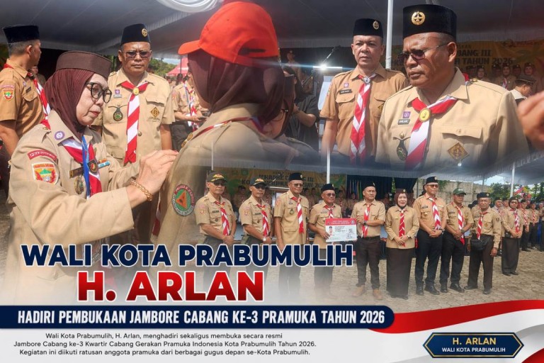 Wali Kota Prabumulih, Arlan, menghadiri sekaligus membuka secara resmi kegiatan Jambore Cabang ke-3 Kwartir Cabang Gerakan Pramuka Indonesia Kota Prabumulih Tahun 2026, Minggu (19 April 2026).