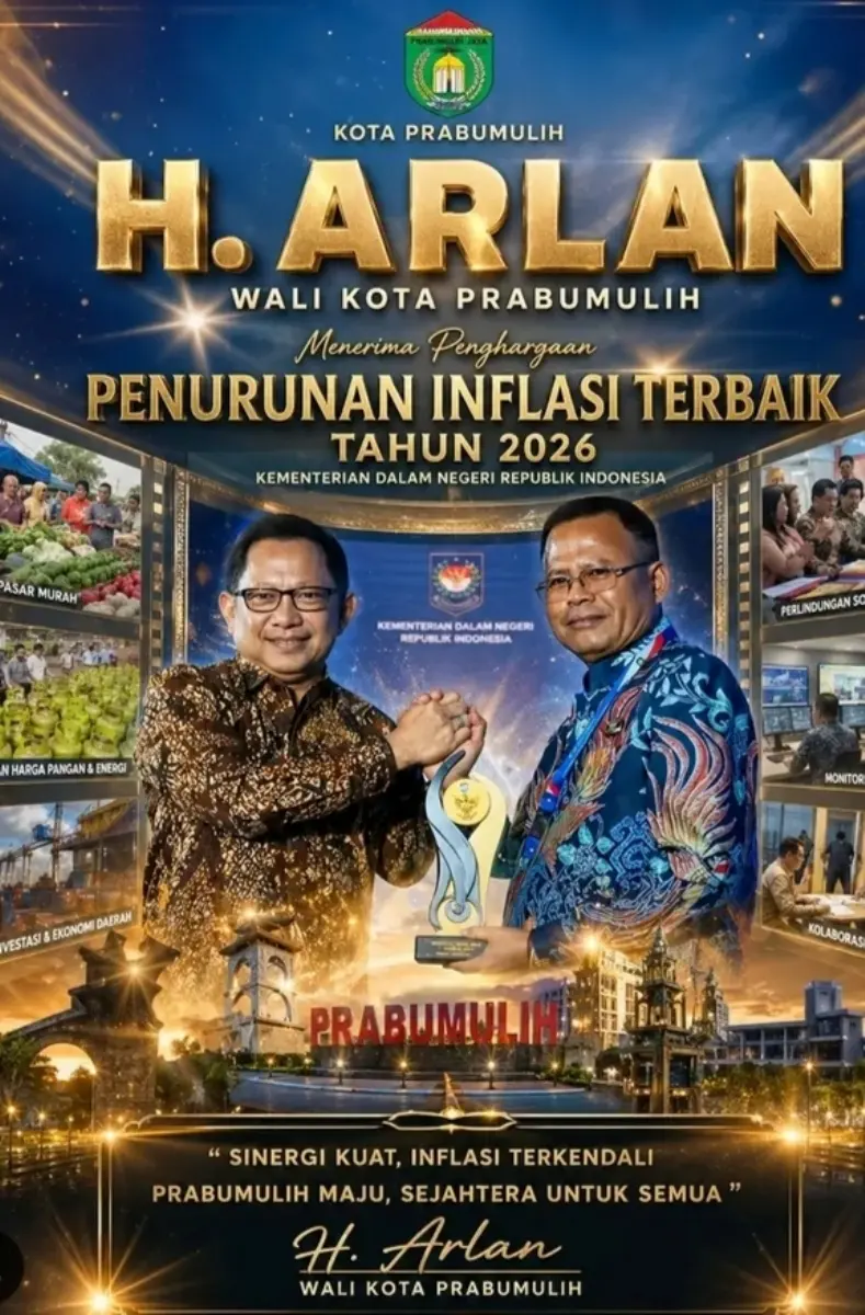 Wali Kota Prabumulih H. Arlan saat menerima penghargaan pengendalian inflasi 2026.