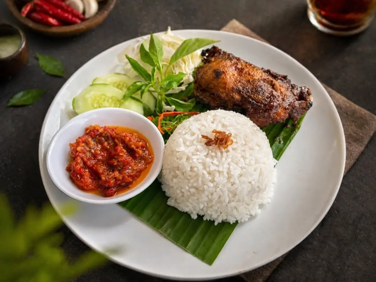 Sajian Ayola Bebek Signature dengan nasi hangat, sambal, dan lalapan di Tenggiri Restaurant