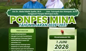 Pondok Pesantren (Ponpes) Minhajul Aulia (Mina) resmi membuka pendaftaran santri baru untuk Tahun Ajaran 2026-2027, dengan pelaksanaan seleksi Tes Gelombang I yang dijadwalkan pada Senin, 1 Juni 2026.