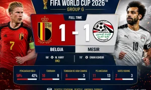 Skor akhir Belgia vs Mesir 1-1 pada pertandingan Grup G Piala Dunia 2026 di Seattle Stadium