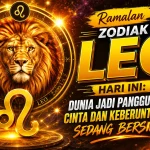 Ilustrasi zodiak Leo dengan ramalan keberuntungan cinta dan kreativitas hari ini.