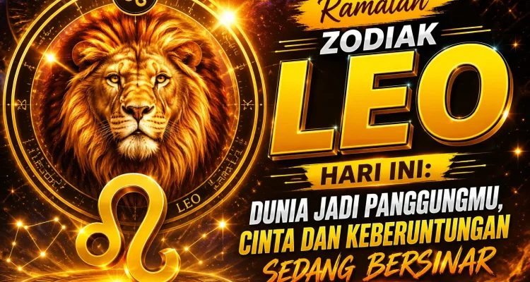 Ilustrasi zodiak Leo dengan ramalan keberuntungan cinta dan kreativitas hari ini.