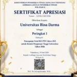 Universitas Bina Darma resmi dianugerahi Sertifikat Apresiasi sebagai Peringkat 1 dalam Kategori Pencapaian Total Indikator Kinerja Utama (IKU) Perguruan Tinggi Swasta (PTS) Tahun 2025 untuk Bentuk Perguruan Tinggi Universitas. (MUSINEWS.ID/HAIRUDIN)