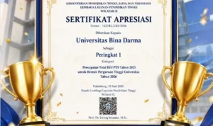 Universitas Bina Darma resmi dianugerahi Sertifikat Apresiasi sebagai Peringkat 1 dalam Kategori Pencapaian Total Indikator Kinerja Utama (IKU) Perguruan Tinggi Swasta (PTS) Tahun 2025 untuk Bentuk Perguruan Tinggi Universitas. (MUSINEWS.ID/HAIRUDIN)