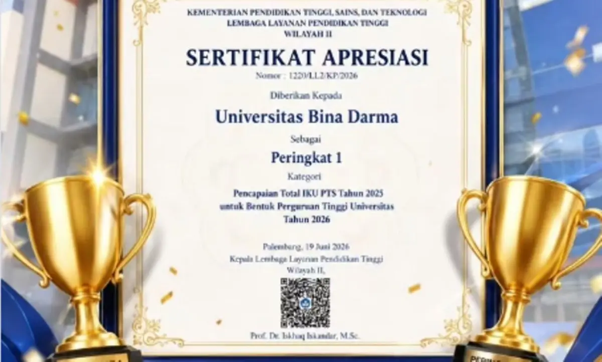 Universitas Bina Darma resmi dianugerahi Sertifikat Apresiasi sebagai Peringkat 1 dalam Kategori Pencapaian Total Indikator Kinerja Utama (IKU) Perguruan Tinggi Swasta (PTS) Tahun 2025 untuk Bentuk Perguruan Tinggi Universitas. (MUSINEWS.ID/HAIRUDIN)