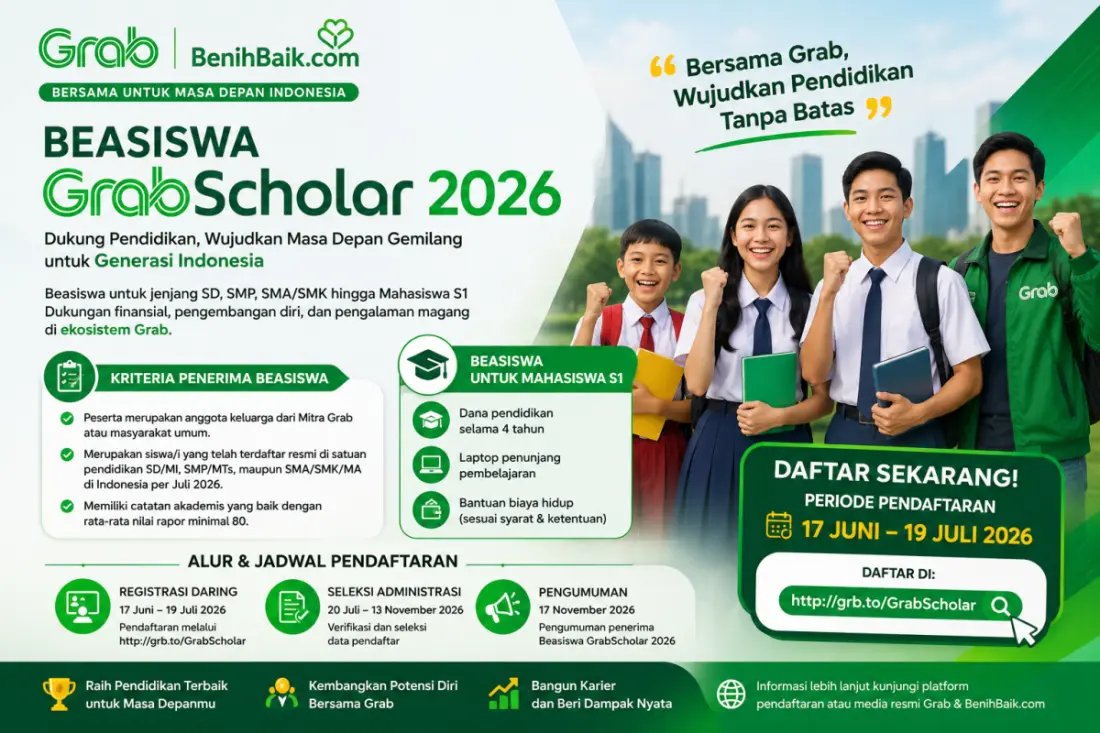 Grab kembali menggandeng BenihBaik.com meluncurkan program Beasiswa GrabScholar 2026, sebagai wujud nyata dukungan terhadap peningkatan kualitas sumber daya manusia di Tanah Air. (MUSINEWS.ID/HAIRUDIN)