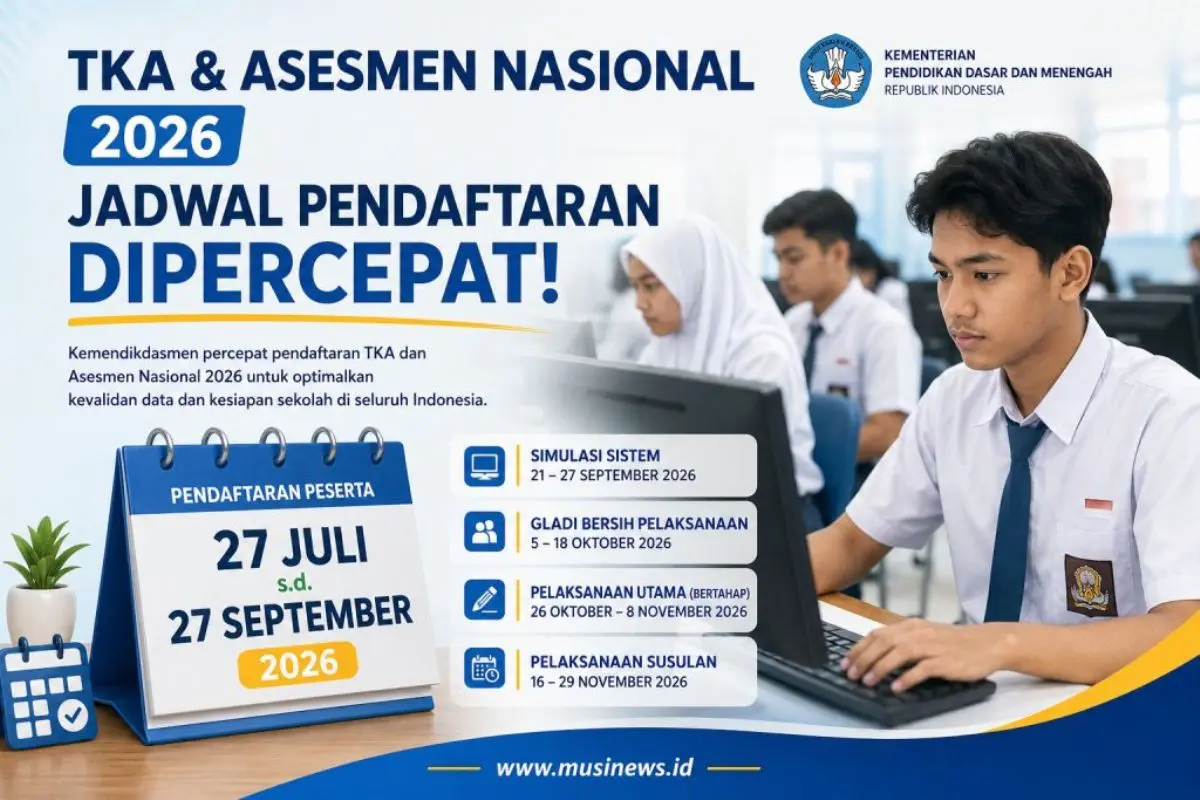 Badan Kebijakan Pendidikan Dasar dan Menengah Kemendikdasmen Republik Indonesia resmi mempercepat jadwal pendaftaran Tes Kemampuan Akademik dan Asesmen Nasional Tahun 2026. (MUSINEWS.iD/HAIRUDIN)