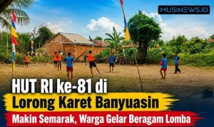 HUT RI ke-81 mulai semarak di Lorong Karet, Desa Merah Mata, Banyuasin. Warga menggelar berbagai perlombaan, termasuk turnamen sepak bola, yang menjadi ajang hiburan sekaligus mempererat kebersamaan. (MUSINEWS.ID/TRI)