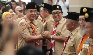 Wakil Gubernur (Wagub) Sumsel yang juga menjabat sebagai Wakil Ketua Majelis Pembimbing Daerah Gerakan Pramuka Sumsel, Cik Ujang, saat menghadiri Peringatan Hari Pramuka ke-65 Tingkat Daerah. Acara puncak peringatan ini dipusatkan di Aula SMK Negeri 6 Palembang, Senin, 31 Agustus 2026. (MUSINEWS.ID/HAIRUDIN)