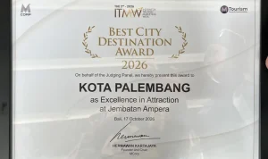 Kota Palembang meraih penghargaan Best City Destination Award 2026 Kategori Excellence in Attraction dalam ajang Indonesia Tourism Marketing Week (ITMW) 2026. (MUSINEWS.ID/HAIRUDIN)