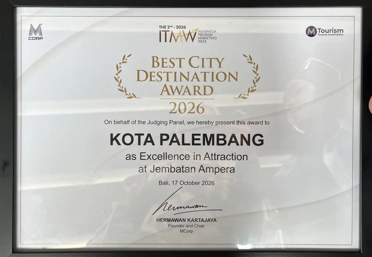 Kota Palembang meraih penghargaan Best City Destination Award 2026 Kategori Excellence in Attraction dalam ajang Indonesia Tourism Marketing Week (ITMW) 2026. (MUSINEWS.ID/HAIRUDIN)